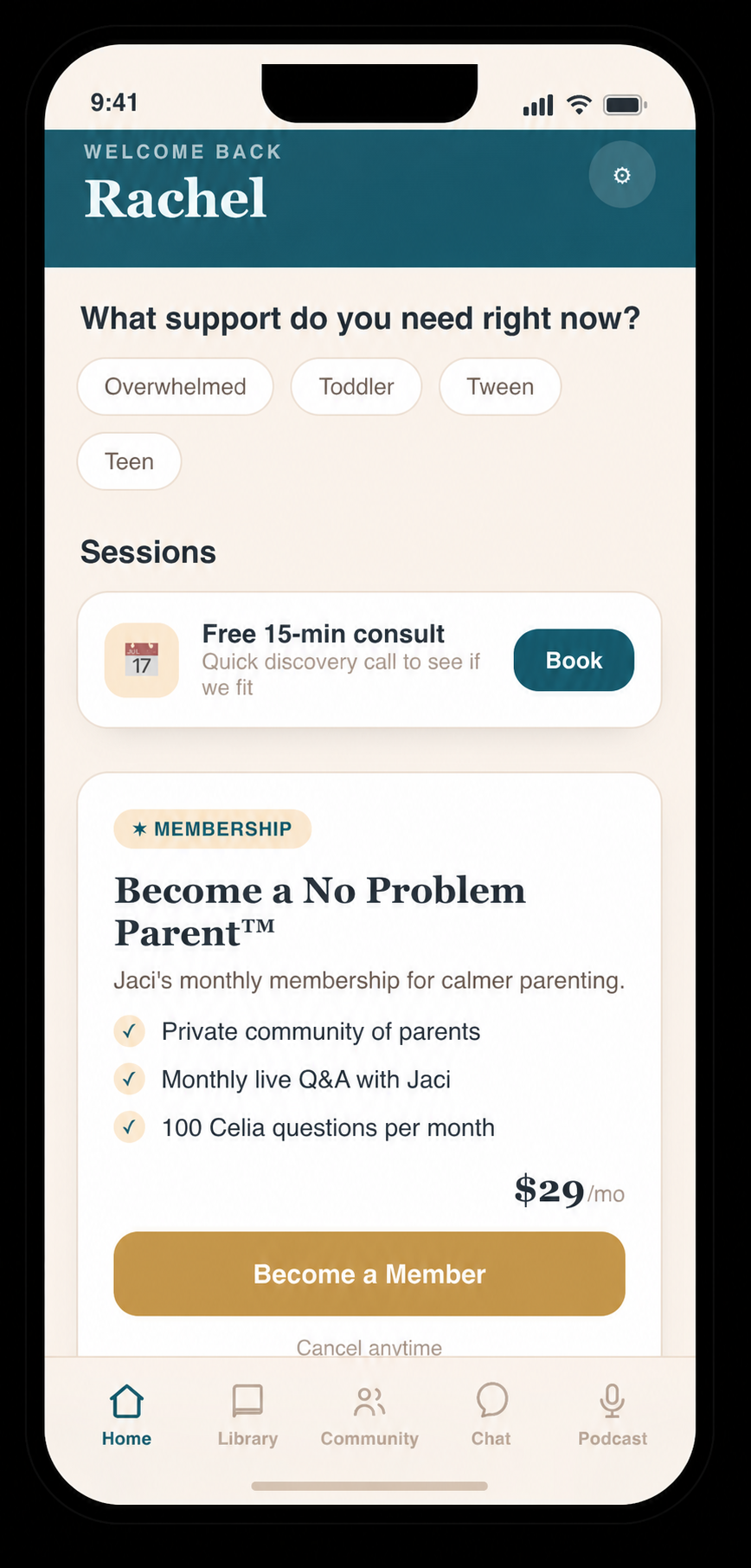 No Problem Parenting app home screen